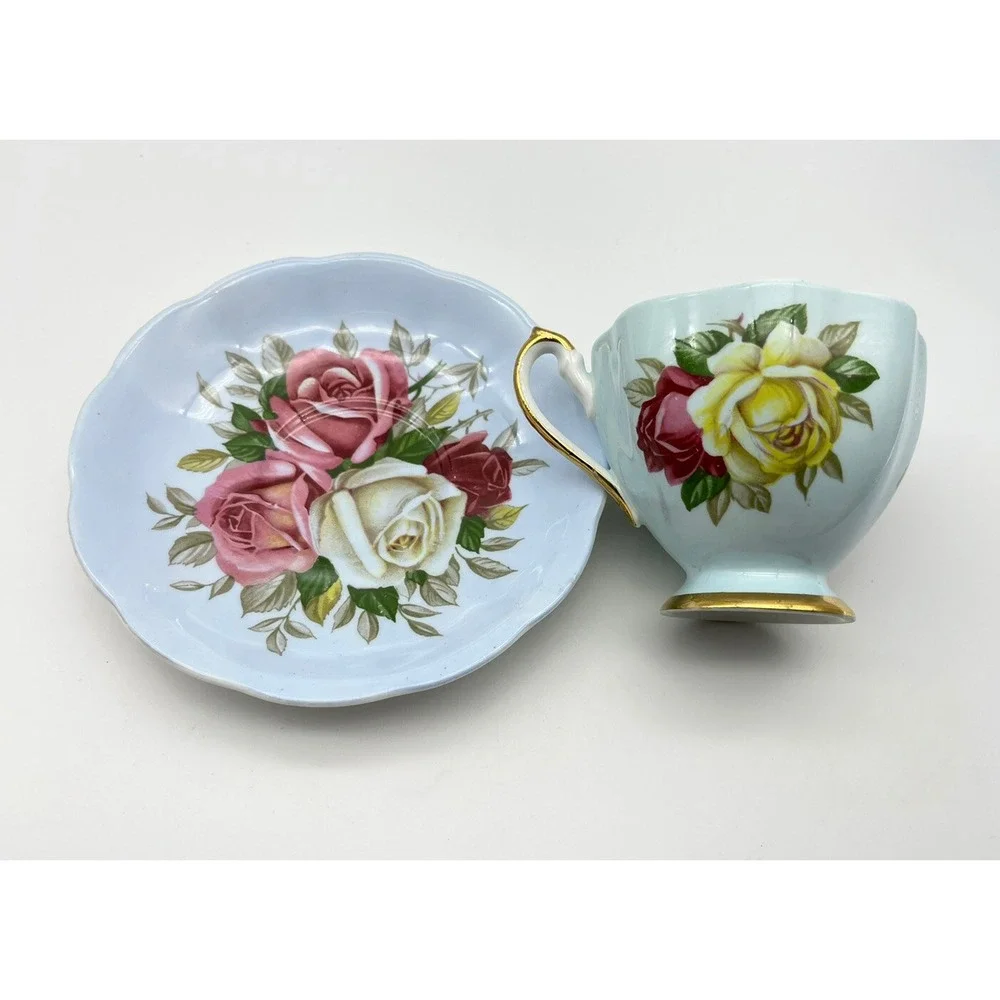 Vintage Queen ANNE Blue CABBAGE ROSE Cup & Saucer Set of 2